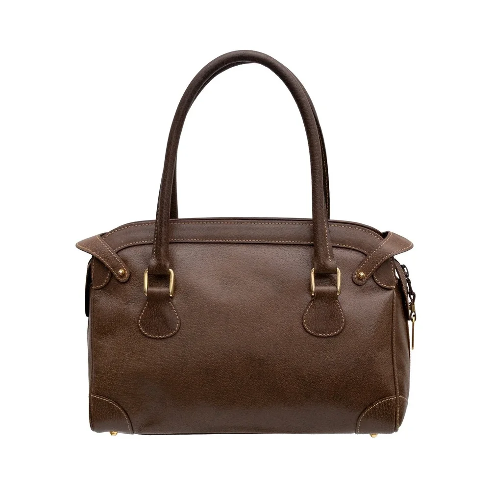 Vintage Gucci Brown Leather Boston Satchel Handbag Gold Logo Italy Doctor Bag